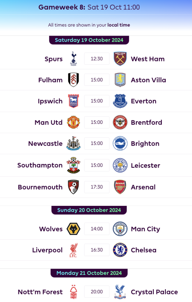 FPL GW8 Fixtures